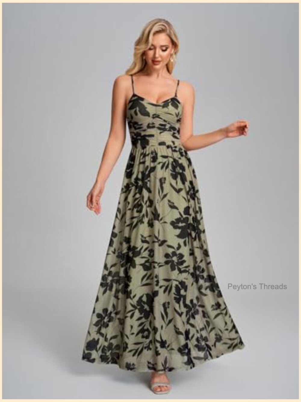 Spaghetti Strap Floral Maxi Dress A-Line V-Neck Wedding Guest Long Sundress - Picture 3 of 5